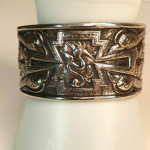 Source Unknown Jewelry - Vintage Sterling Silver Cuff Bracelet Inca Iconography Figures & Bird Decoration